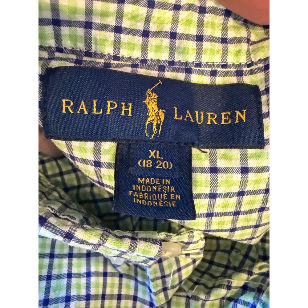 Ralph Lauren Button Down Shirt Kids XL Cotton Green Blue Gingham Plaid Preppy - Picture 8 of 10